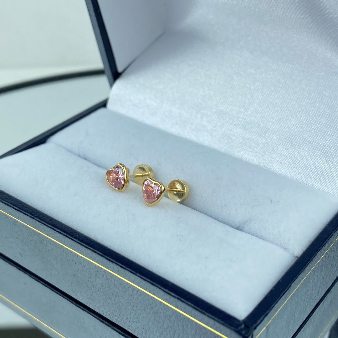 Aros Abridores Corazón rosado - Oro 18 Kilates