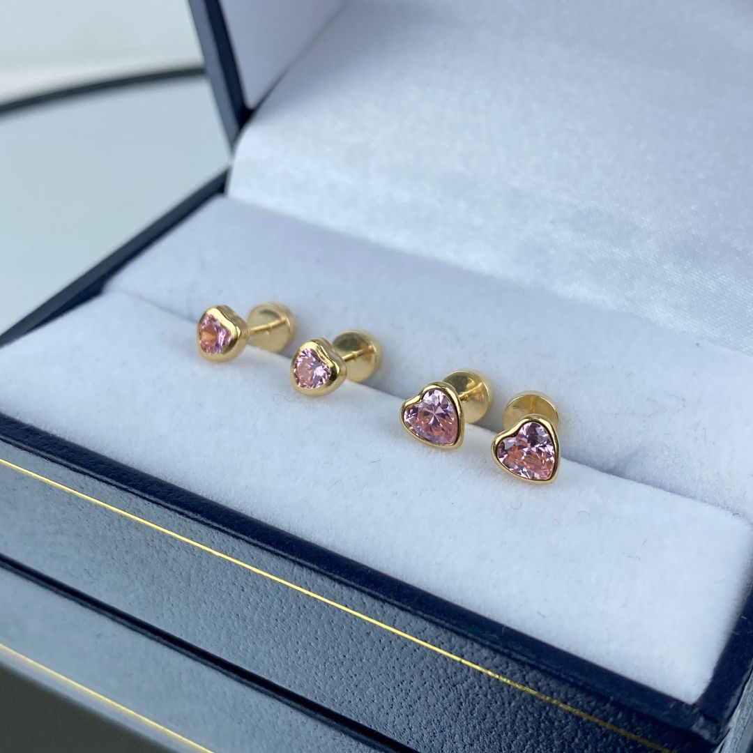 Aros Abridores Corazón rosado - Oro 18 Kilates